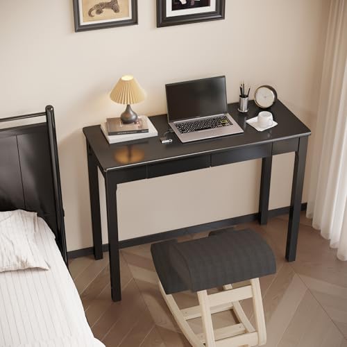 Solid Wood Desk with Drawers - 39 x 16 Inch Simple Narrow Desks, Rubber Wood Study Table, Small Writing Desk for Small Spaces|Bedroom - Modern Black Desks - color: Black, size: 39.4 in W x 15.7 in D