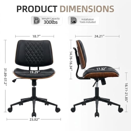 Home Office Desk Chair with Swivel Wheels, Ergonomic Adjustable Height Small Office Chair, Premium PU Leather Armless Computer Chair for Home Office, Reading Meeting Room, Modern Walnut Style (Black) - color: Mcm Style-black