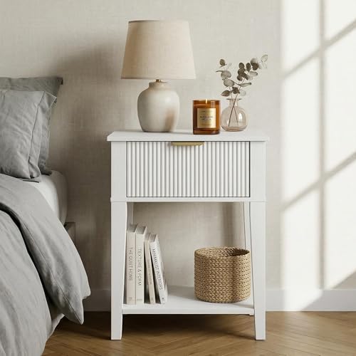 FuniXpress Small Nightstand, 15" Wide, Drawer and Shelf, White Fluted Front | Bright white tone, clean fluted front, 11.8-inch slim depth, smart storage, keeps small rooms light and organized - color: White