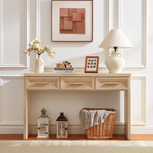 RWYHG 47" Entryway Table with 3 Drawers, Modern Wood Console Table, Natural | Layered Drawer Front Design , Open Bottom Storage, Farmhouse Behind Couch Table, Entry Table for Living Room Hallway& Foyer - color: Natural