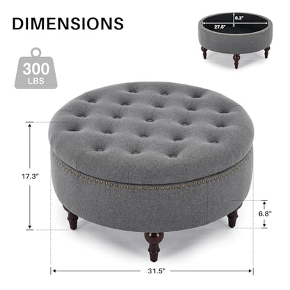Round Storage Ottoman, Tufted Fabric Coffee Table Footrest, Grey | Upholstered Linen Ottoman Coffee Table, Large Footrest With Solid Wooden Legs, Side Table for Living Room Bedroom Office - color: Dark Grey