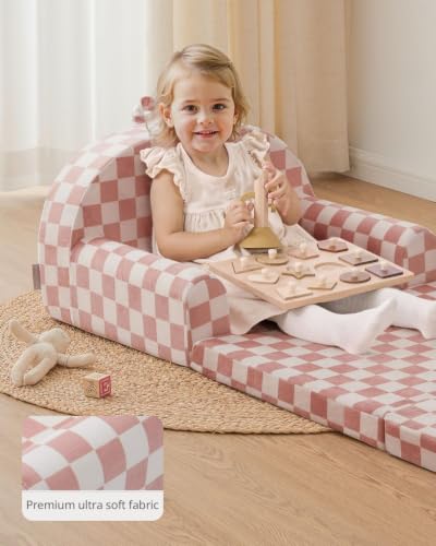 Blissful Diary Kids Couch, 2-in-1 Soft Kids Sofa, Kids Sofa Chair, Comfy Kids Furniture for Playroom, Reading & Play, Checkered Blush - color: Checkered Blush