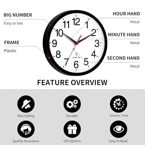 Wall Clock Analog 14 Inch Atomic Battery Operated Silent Clock | Black, Easy To Read, Non Ticking, Round, Accurate, Kitchen, Living Room, Classroom, Office, School - color: Atomic_black, size: 14 Inch