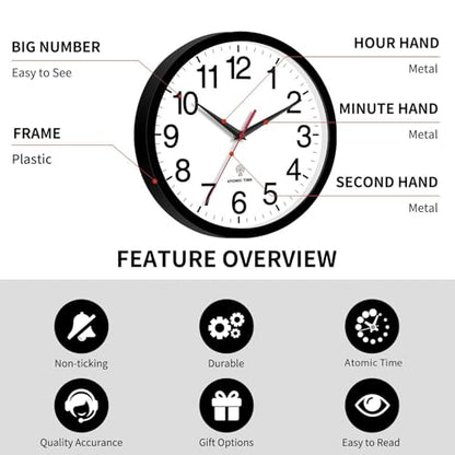 Wall Clock Analog 14 Inch Atomic Battery Operated Silent Clock | Black, Easy To Read, Non Ticking, Round, Accurate, Kitchen, Living Room, Classroom, Office, School - color: Atomic_black, size: 14 Inch