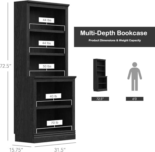 JAHRSTIM Halston Bookshelf, 5-Tier Tall Deep Storage Shelf, Adjustable Open Shelving Unit Closet Organizer and Storage for Living Room Home Office Bedroom, Modular Deep Bookcase Bookshelves - color: Black, size: Multi-Depth w/o Doors