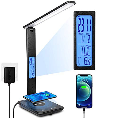LED Desk Lamp with Wireless Charger, Suitable for Home, Office Dimmable, with USB Charging Port, Built-in Clock, Calendar, Thermometer and Automatic Timing Reading Desk Lamp. - color: Black