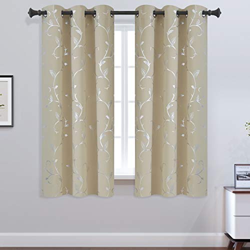 BUHUA Small Window Blackout Curtains Bedroom Darkening Curtain Pairs Silver Floral Print Blackout Curtains for Kitchen 38W×45L Beige2 Panels - color: Beige, size: 38"W x 45"L (Pack of 2)