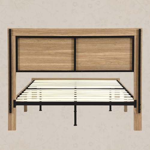 King Bed Frame with Headboard Wood, Rattan Boho Bedframe with Wooden Slats Surpport, Easy Assembly Platform Bed, No Box Spring Needed, Natrual Walnut - size: King (U.S.Standard)