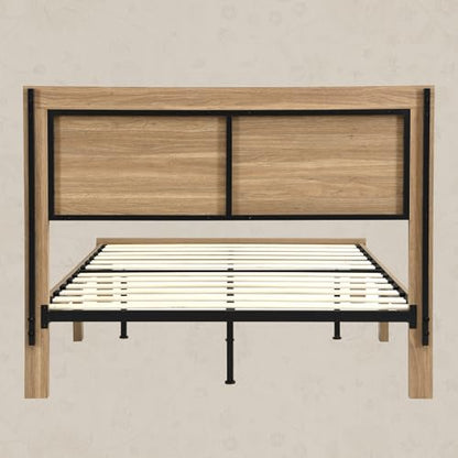 Full Bed Frame with Headboard Wood, Rattan Boho Bedframe with Wooden Slats Surpport, Easy Assembly Platform Bed, No Box Spring Needed, Natrual Walnut - size: Full