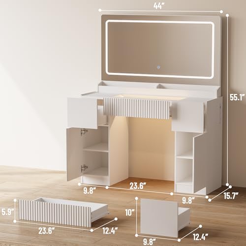 Vanity Desk with Large Mirror and Lights, Modern Glass Top Makeup Vanity Set with Power Outlet, 3 Drawers and 2 Cabinet, 3 Lighting Color Adjustable Dressing Table for Bedroom,Pure White - style: Glass Top Vanity with RGB Drawers