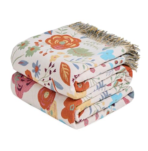 Boho Throw Blanket - Ultra Soft Cotton Breathable Blankets 60"x80" | Lightweight 100% Organic Cotton Floral Blankets, Twin Size for Sofa Couch, Comfy Muslin All-Season, Reversible Boho Decor - color: 23-verdant, size: 60"x80"