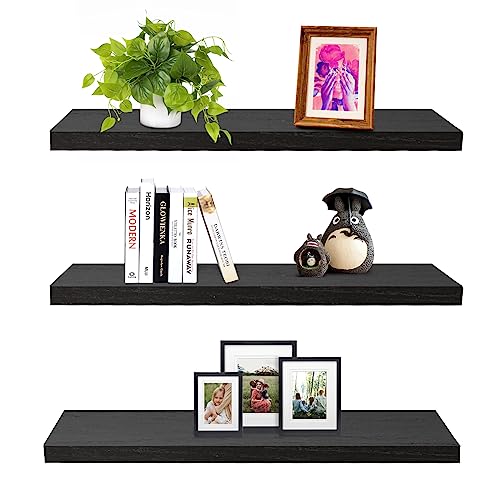 SAUMONIERES Floating Wall Shelves for Bedroom Bathroom Wall Mounted Solid Wood Shelf 24 Inch Set of 3, Black - color: Black, size: 24 Inch-3 shelves