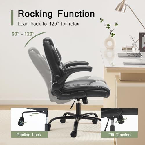 Leather Executive Office Chair - Comfy Black Desk Chair Small Space | Desk Chair with Mid Backrest,5 Wheels,Mid Backrest,Lumbar Support, Height Adjustable,home office reading Gaming Use - color: Black