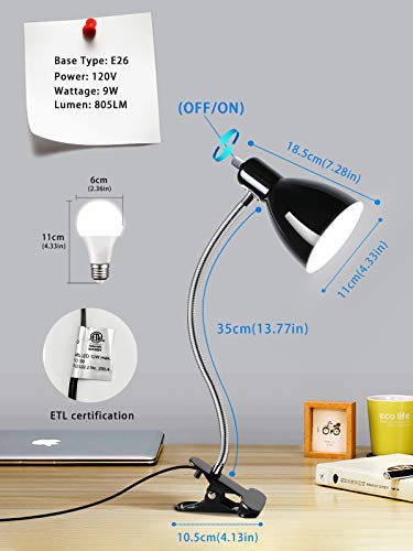 Desk lamp Eye-Caring Table Lamps, 360°Rotation Gooseneck Clip on Lamp Reading Light Portable Reading Book Light Clamp Study Desk Lamps for Bedroom and Office Home Lighting (Black) - color: Black