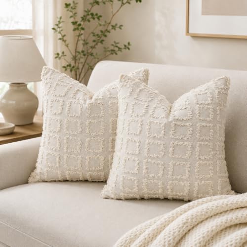 Beige Pillow Covers 18x18 Set of 2, Textured Throw Covers | Soft polyester cushion covers with hidden zipper, neutral beige texture for couch, sofa, bed and living room decor. - color: Beige