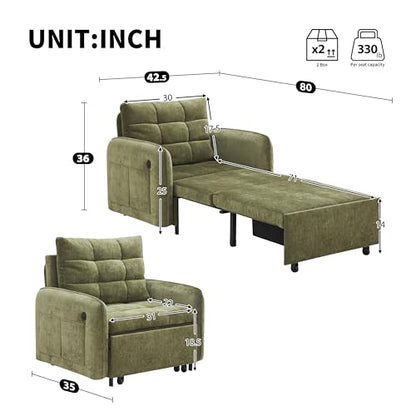 3-in-1 Convertible Sleeper Chair Bed, Multi-Functional Chenille Single Sofa Bed with Storage Pockets and Box, 80" Extra Long Pull Out Sleeping Lounge Chair for Living Room & Apartment (Green,35) - color: Green,35