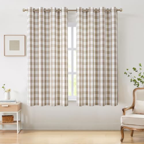 Amzdecor Buffalo Plaid Grommet Curtains 63 Inch Length, Semi-Sheer Check Textured Curtains Drapery for Living Room Bedroom Farmhouse,2 Panels （52" x 63",Beige/Tan & White） - color: Beige/White, size: 52"W x 63"L (Pack of 2)