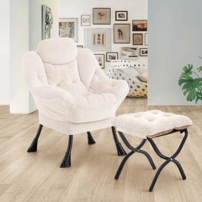 Lazy Chair with Folding Ottoman,Leisure Sofa Chair,Soft Fabric Armchair with Armrests and Side Pockets, Reading Chair with Footrest for Living Room, Bedroom, Office (Plush Beige) - color: Plush Beige