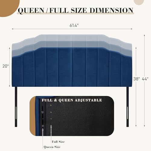Upholstered Headboard Adjustable Height Queen/King Headboard Cream Velvet Tufted Modern Vertical Channel Design with Stepped Silhouette Top Edge(Blue Queen) - color: Blue, size: Queen