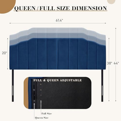 Upholstered Headboard Adjustable Height Queen/King Headboard Cream Velvet Tufted Modern Vertical Channel Design with Stepped Silhouette Top Edge(Blue Queen) - color: Blue, size: Queen