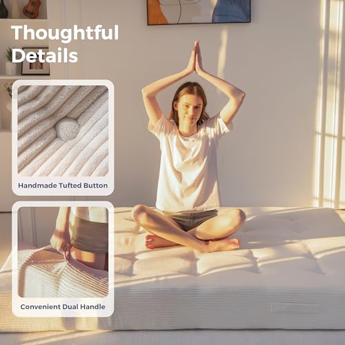 MAXYOYO Foldable Mattress, 8-Inch Tufted Futon Mattress with Handles | Tufted Floor Sofa Bed and Versatile Mattress, Carry Handles for Living Rooms or Guest Rooms, Frame Not Included, Beige - color: Beige