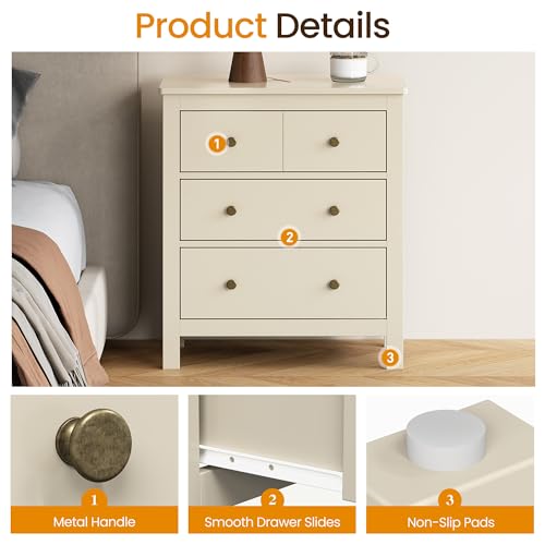 RoyalCraft 3 Drawer Nightstand, 27'' Wood Bedside Table with Storage Drawers, Modern Bedroom Storage Cabinet for Entryway, Hallway, Beige - color: Beige