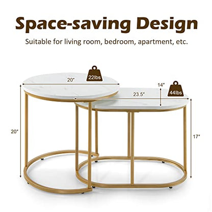 Giantex Modern Nesting Coffee Table Set of 2, Coffee Table & End Table Sets, Golden Steel Frame, Easy Assembly, Accent Marble-Look Stacking Side Table for Living Room Bedroom Apartment (Gold)