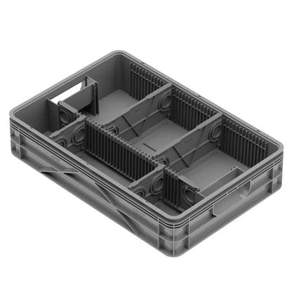 Quarter Crate 4-Pack Stackable Storage Bins, Gray | Polypropylene, 14 dividers included, 19.16x12.75x4.57 in, over 1000 lb stack, lids sold separately - color: Gray