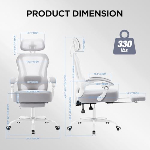 Ergonomic Office Chair with Footrest,Ultra Thick Desk Chair,Grey | 150°Reclining,Mesh High Back,Adjustable 2D Lumbar Support and Headrest,4.8" Spring Cushion,Premium Computer Chair for Adults - color: Grey