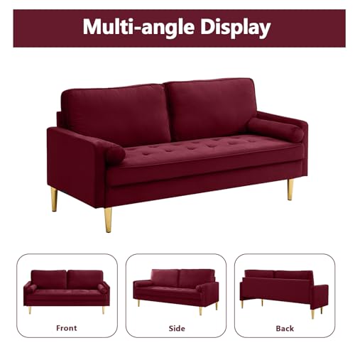 65" Love Seat Sofa, Velvet Small Sofa Small Couch for Bedroom Living Room, Bedroom, Loveseat with 2 Pillows, Gold Legs, Modern Tufted Seat Upholstered Seating for Office, Apartment (Red) - color: Red