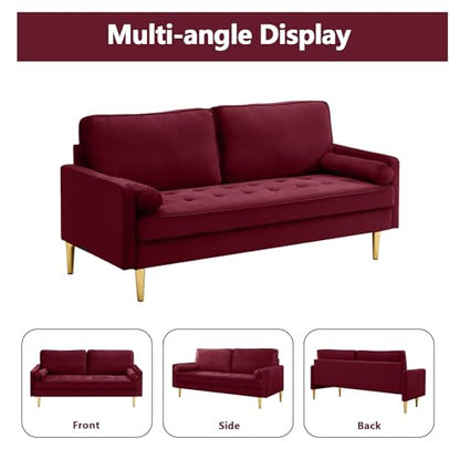65" Love Seat Sofa, Velvet Small Sofa Small Couch for Bedroom Living Room, Bedroom, Loveseat with 2 Pillows, Gold Legs, Modern Tufted Seat Upholstered Seating for Office, Apartment (Red) - color: Red