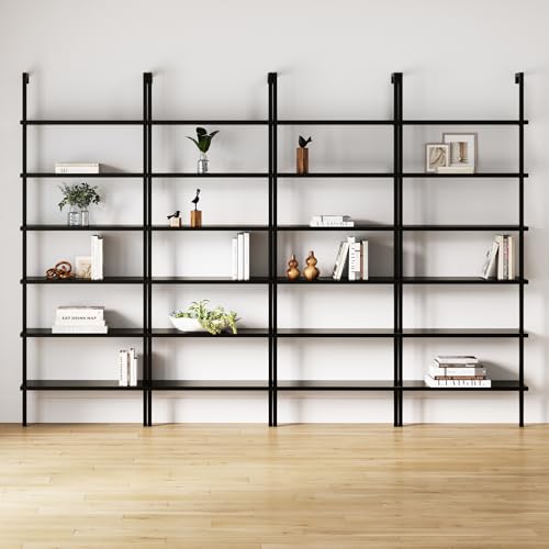 Nathan James Theo 6-Shelf Tall Bookcase, Wall Mount Bookshelf Wood Shelves and Metal Frame, Matte Black, Set of 4 - color: Black, size: Set of 4