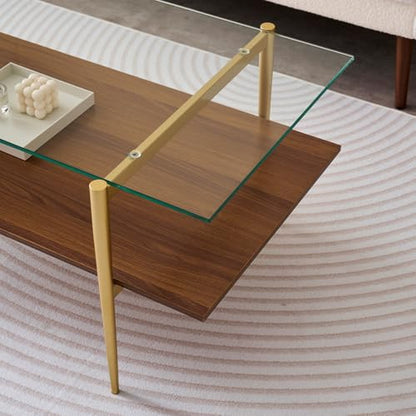LumFurn Rectangle Coffee Table, Mid-Century Modern Design, L41 W21 x H17, for Living Room, 2-Tier Structure, Clear Glass Top and Walnut MDF Shelf, Sleek Conical Metal Legs with Gold Finish - color: L41" Clear & Walnut