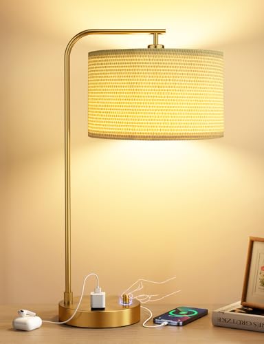 Innqoo Gold Table Lamp with Weaving lampshade, Table Lamp for Bedroom with USB Port and Outlet, Dimmable Nightstand Bedside Lamps with Linen Lampshade, Desk Lamp for Home Office, Living Room - color: I-Weaving Shade & Gold Base