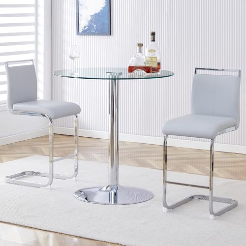 Bar Table and Chairs Set of 2,Round Counter Height Dining Table Set,35” Glass Round Bar Table Set with Light Grey Bar Stools,Sturdy Silver Chrome Base,Small Pub Table Set for Apartment,Kitchen(36"H - color: Silver&light Grey