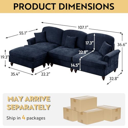 Modular Sectional Sofa Couch, Comfy Chenille Sofa with Removable Ruffled Skirt, Flared Armrests, Sturdy Legs, Convertible 3-Seat for Living Room, Bedroom, Apartment (Blue) - color: Blue, size: 107.1 Inch