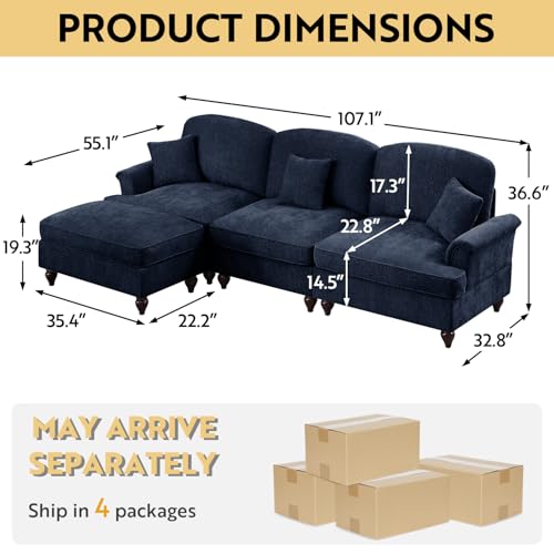 Modular Sectional Sofa Couch, Comfy Chenille Sofa with Removable Ruffled Skirt, Flared Armrests, Sturdy Legs, Convertible Sectional for Living Room, Bedroom, Apartment (Blue) - color: Blue, size: 107.1 Inch L