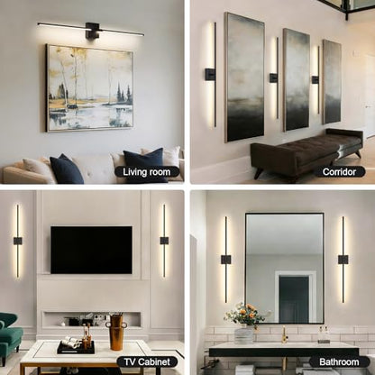 Battery Operated Wall Sconce, 3000K-6000K Dimmable Black Wall Lights with Remote Control, Timable LED Wireless Wall Sconces, 350° Ratate for Bathroom, Living Room, Hallway 39.4 Inch 1 Pack - color: Black, size: 39.4in(1 Pack)
