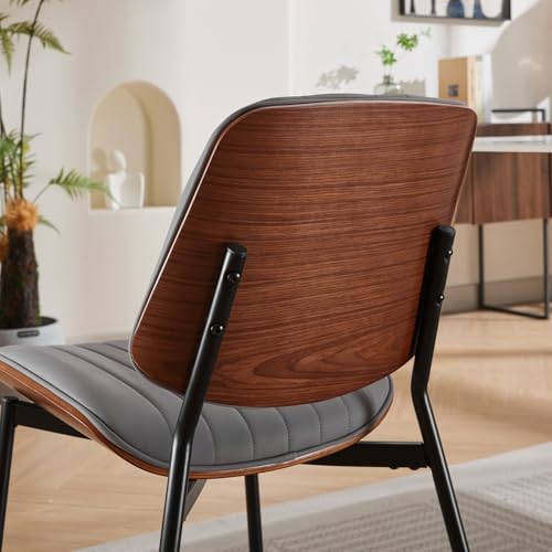 Dining Chairs Set of 2, Mid-Century Modern Upholstered PU Leather Chairs | with Walnut Bentwood Back and Metal Legs Adjustable Feet for Kitchen Dining Living Room, Gray Vertical Stripes - color: Gray Vertical Stripes