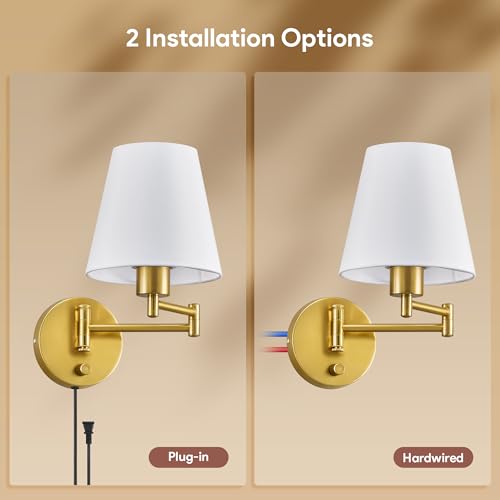 VONLUCE Wall Lamp, Plug in & Swing Arm Wall Sconce, Gold Finish | Modern Wall Lights with White Fabric Shades, Plug in & Hardwired Wall Mounted Light for Bedside, Living Room, Hallway - color: Gold, size: 1 Pack