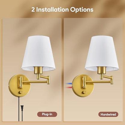 VONLUCE Wall Sconce Set of 2, Plug in & Swing Arm Wall Lamps, Gold Finish | Modern Wall Lights with White Fabric Shades, Plug in & Hardwired Wall Mounted Light for Bedside, Living Room, Hallway - color: Gold, size: 2 Pack