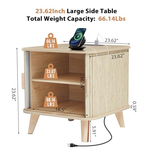 24" Large Square End Table with Charging Station, Farmhouse Fluted Sofa Side Table with Sliding Tambour Door & Storage, Curved Rustic Wood Nightstand for Living Room, Bedroom, Natural - color: Natural