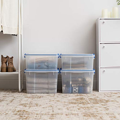 IRIS USA 4-Pack 26.5/44 Combo Qt Storage Bins with Gasket Lids, Clear/Blue | WeatherPro seal helps block dust and moisture Multiple sizes organize every room with confidence - size: 27 & 44 Qt. Combo