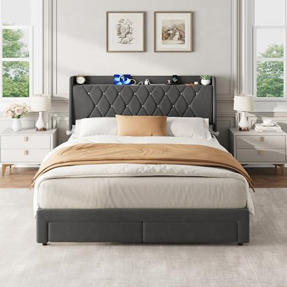 Garvee Queen Bed Frame with Storage, Velvet Upholstered Platform Bed Frame with Crystal Tufted Headboard, Charging Station, 2 Drawers, No Box Spring Needed, Noise-Free,for Bedroom, Dark Gray | Velvet Upholstered Platform Bed Frame with Crystal Tufted Head