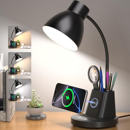 10W Wireless Charging LED Desk Lamp with Pen Holder, CRI 95, Black | 800LM, 3 Modes, 360°Flexible Arm, Touch, Brightness, Table Lamp for Home Office, Dorm, Bedside, Study, Reading, with Adapter - color: Black