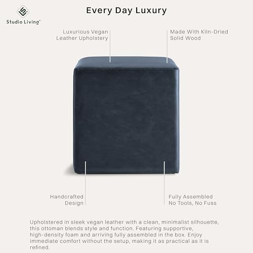 Studio Living® 18” Warren Ottoman Square Faux Leather Bench, Stationary Ottomans, Backless Chair, Footrest for Living Room, Footstool Office, Bedroom, Padded Seat, Navy Blue - color: Navy