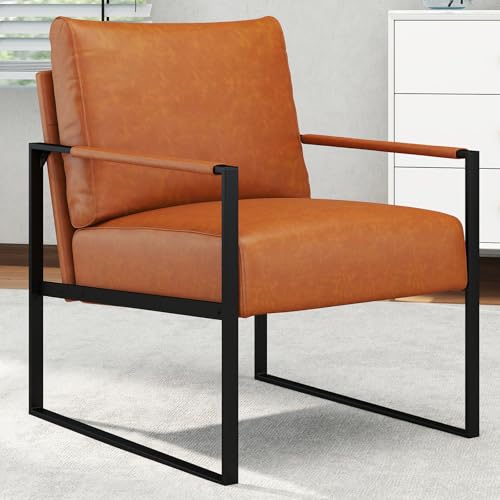 Mid Century Modern Accent Chair, PU Leather Armchair with Metal Frame,Comfy Single Reading Chair with Soft Padded Backrest and Cushion for Living Room, Bedroom,Reading Room,Office,Brown - color: Brown