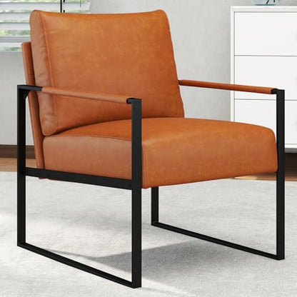 Mid Century Modern Accent Chair, PU Leather Armchair with Metal Frame,Comfy Single Reading Chair with Soft Padded Backrest and Cushion for Living Room, Bedroom,Reading Room,Office,Brown - color: Brown