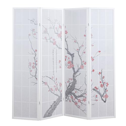 Roundhill Furniture White Japanese 4-Panel Screen Room Divider, Plum Blossom - color: White