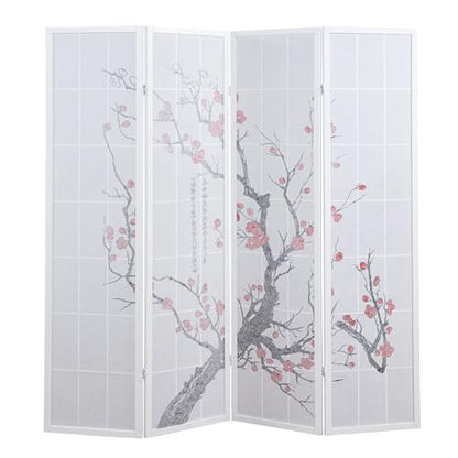 Roundhill Furniture White Japanese 4-Panel Screen Room Divider, Plum Blossom - color: White